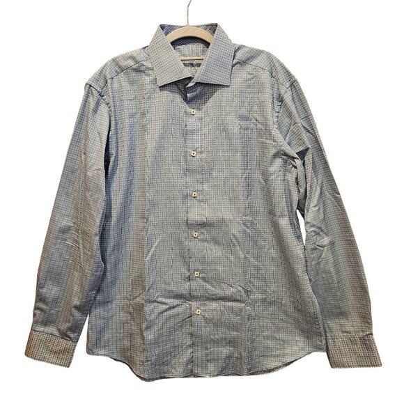 BUGATCHI dress shirt Mens L Blue silver geometric shaped fit  flip cuff career - Picture 1 of 16